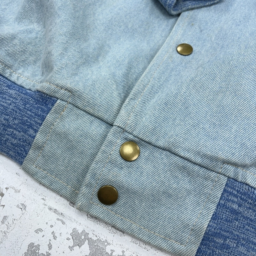 Vintage Denim Jacket Men Large Blue Tan Varsity Letterman Bomber 90s Y2K Work - Picture 3 of 14